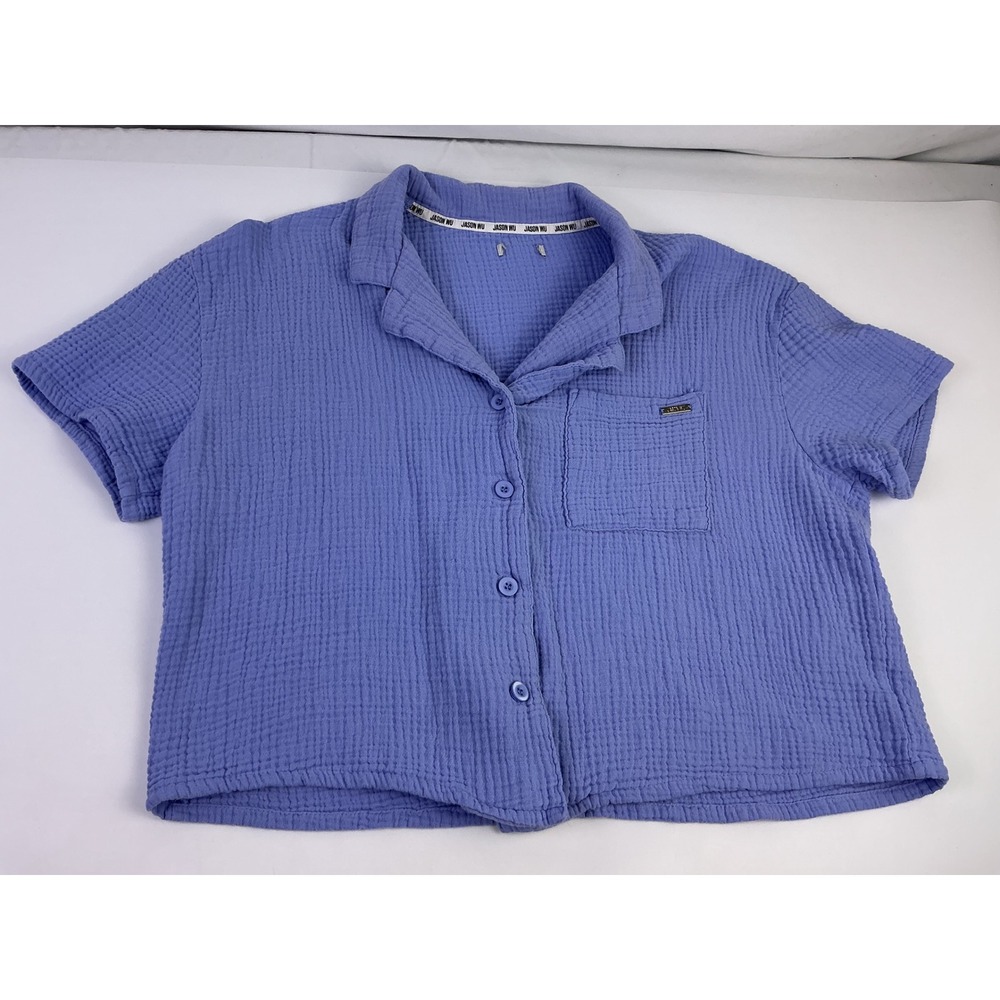 JASON WU Women Blue Gauze Short Sleeve‎ Button Down Shirt Top Unknown Size